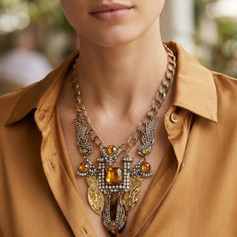 NEW Topaz Crystal Gold CZ Rhinestone Baroque #Royaltycore Statement Necklace